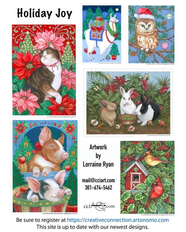 Six Christmas Animal designs including pigs, bunnies, cardinals, a llama, an owl and a cat.