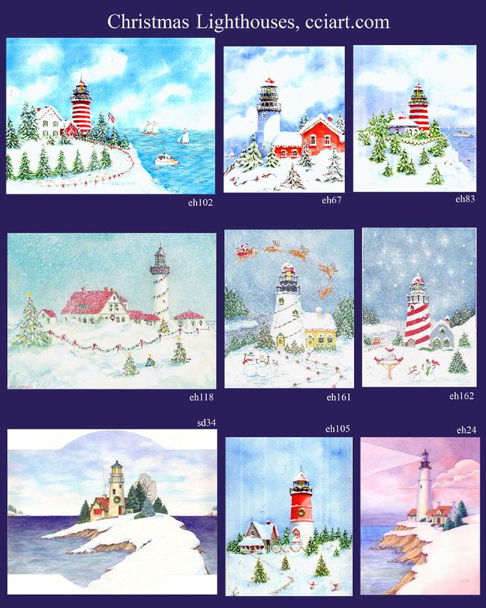 Christmas lighthouses with boats, evergreens, flags, lights, reindeer
