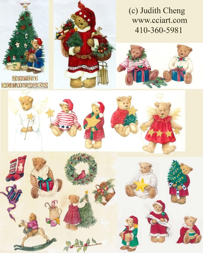 Christmas Teddy bears with trees, presents, stars, rocking horse