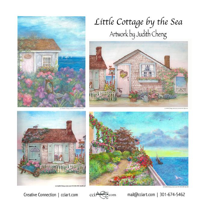 Four pretty pastel cottage paintings seaside.