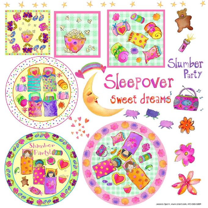 What could be more fun than a slumber party.  These whimsical designs include sleeping bags, popcorn, fun and games for girls
