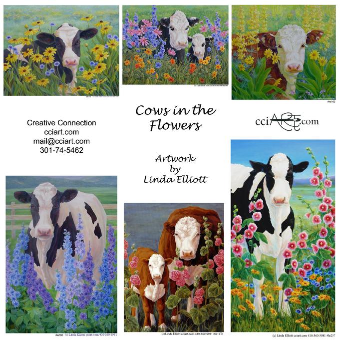 Six paintings of cows in flower fields