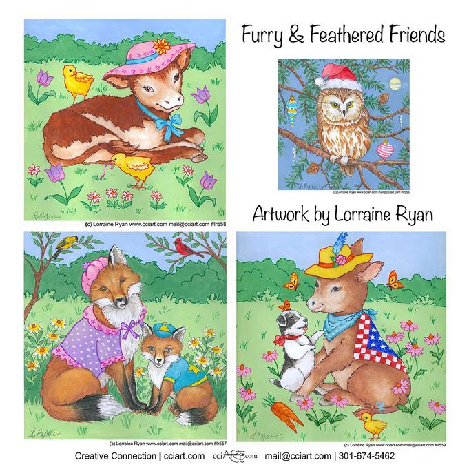 Four of Lorraine's Animal series with Hats including a cow, Fox, a donkey and more.