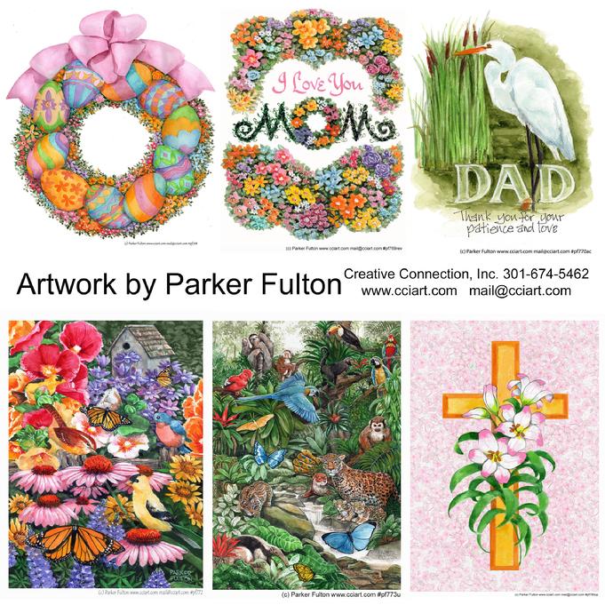 6 Nature Filled designs by Parker Fulton, including a wreath with eggs and flowers, Mom written in flowers, an Egret for Dad, Butterflies and birds, Jungle animals and a cross with flowers.