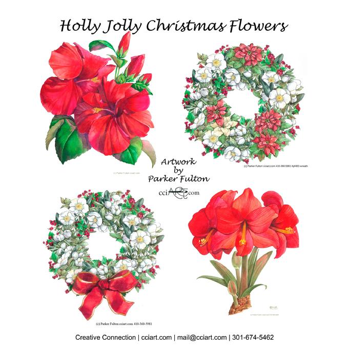 Four Festive Floral designs by Parker Fulton including two wreaths and a bouquet.