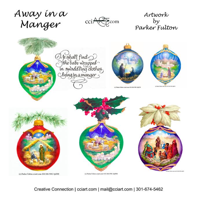 A set of 5 Nativity Scenes painted on Ornament shapes 