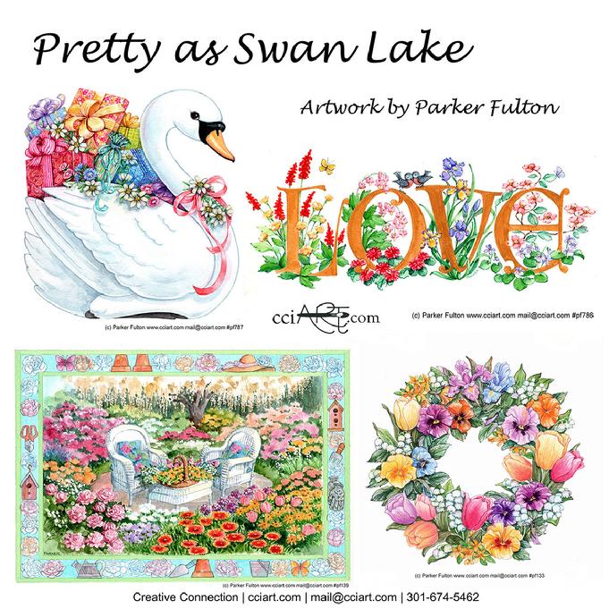 A Swan with presents, Love written in flowers, a garden chair and a floral wreath
