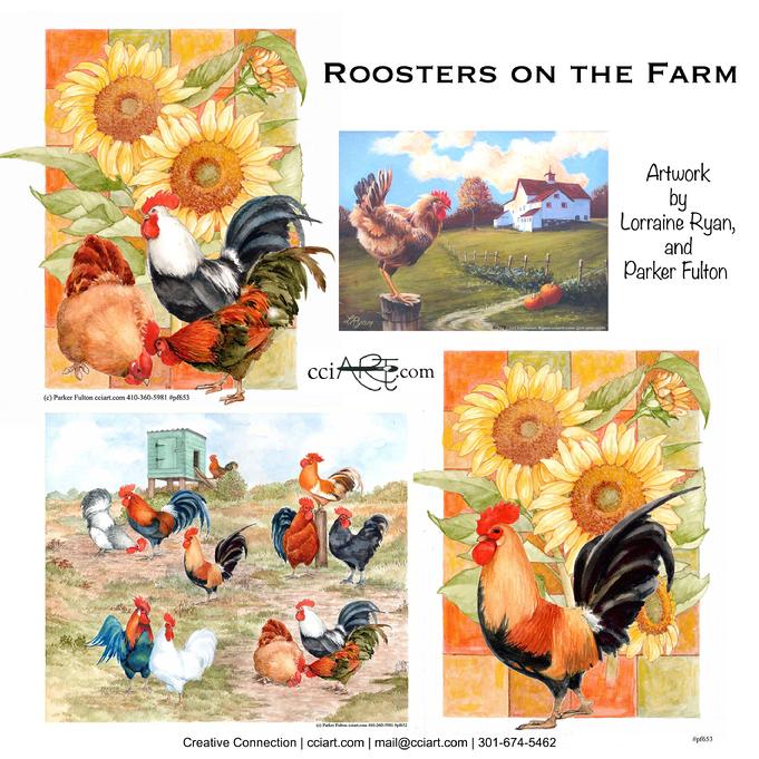 4 Rooster Paintings on various Farms