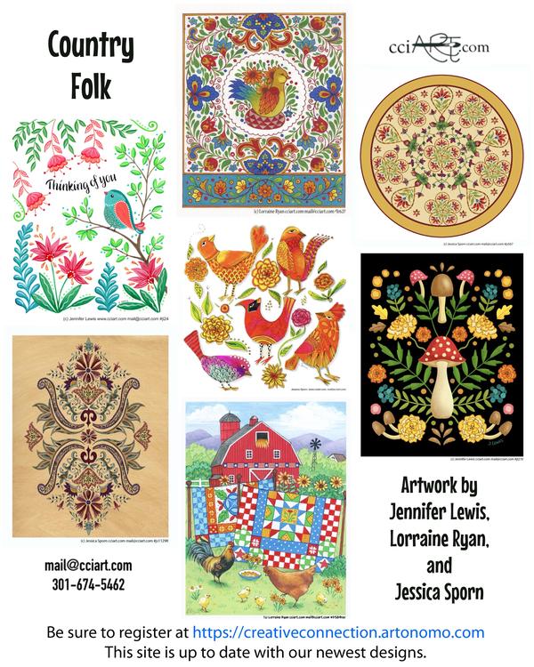 A collection of several folk designs by various artists, including flowers, birds, farm and much more.
