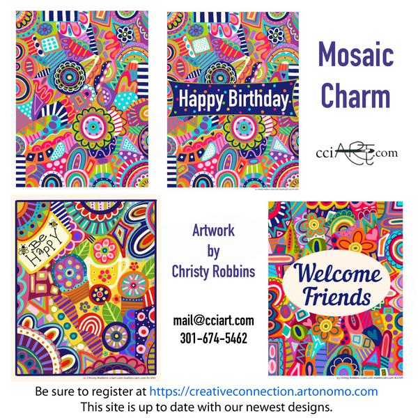 Four wildly colorful and mod designs that include one all-over, one Happy Birthday, One Be Happy and one Welcome Friends.  All four will brighten your day!