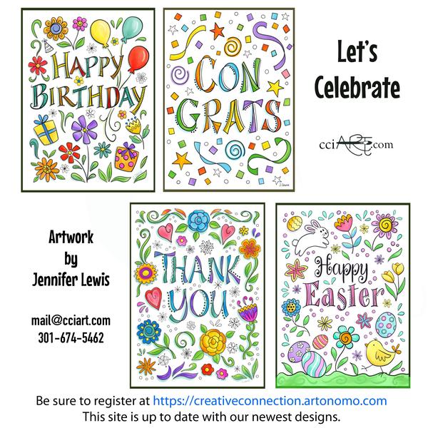 A set of 4 fun whimsical confetti art designs perfect for greeting cards.