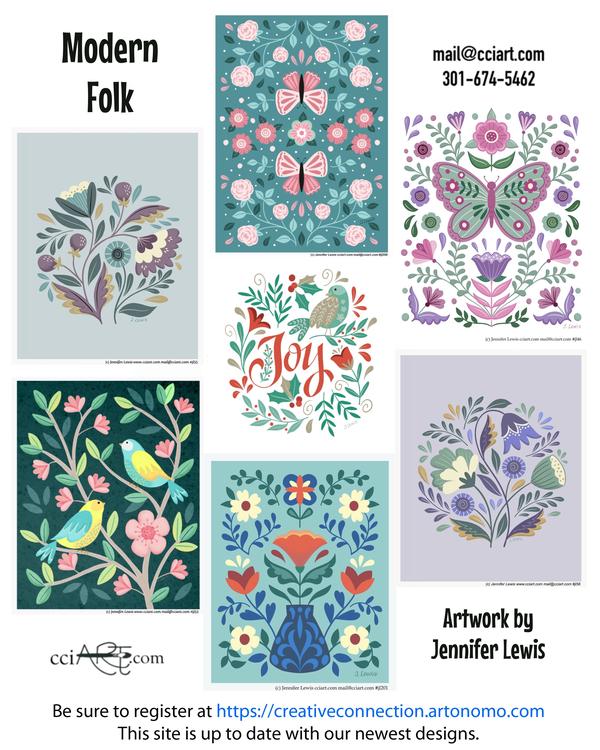 A collection of modern folk designs including butterflies, florals, birds, circulars and more.